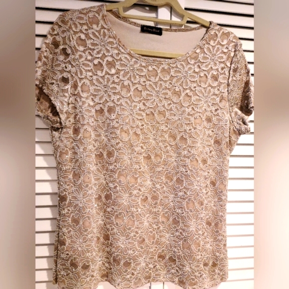 Brittany Black - Holiday Sparkle Glittery Beige top, Lace/cami layered L/… - Picture 5 of 6